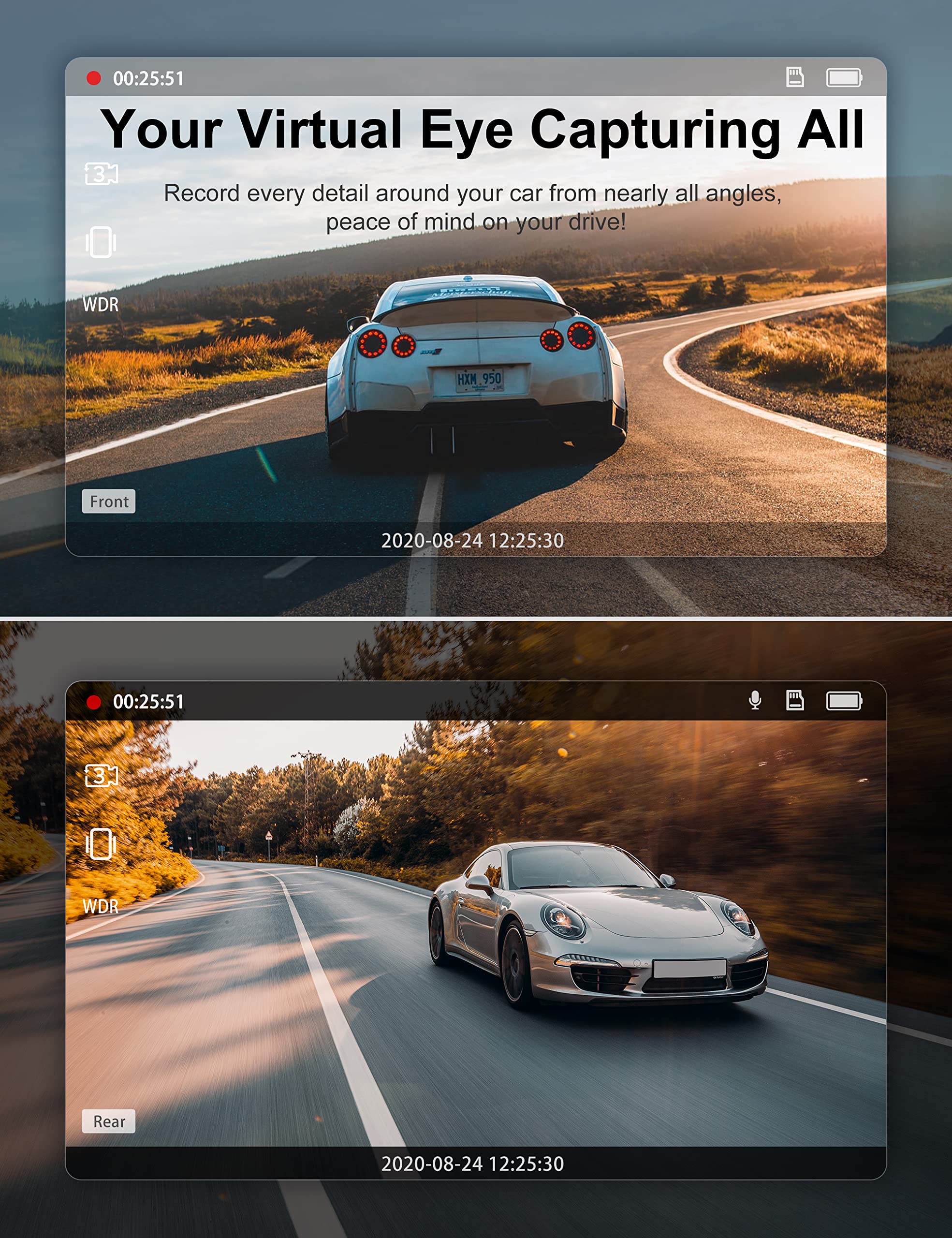 iZEEKER iD220 Dash Cam Front and Rear with SD Card 1080P Full HD Car Camera