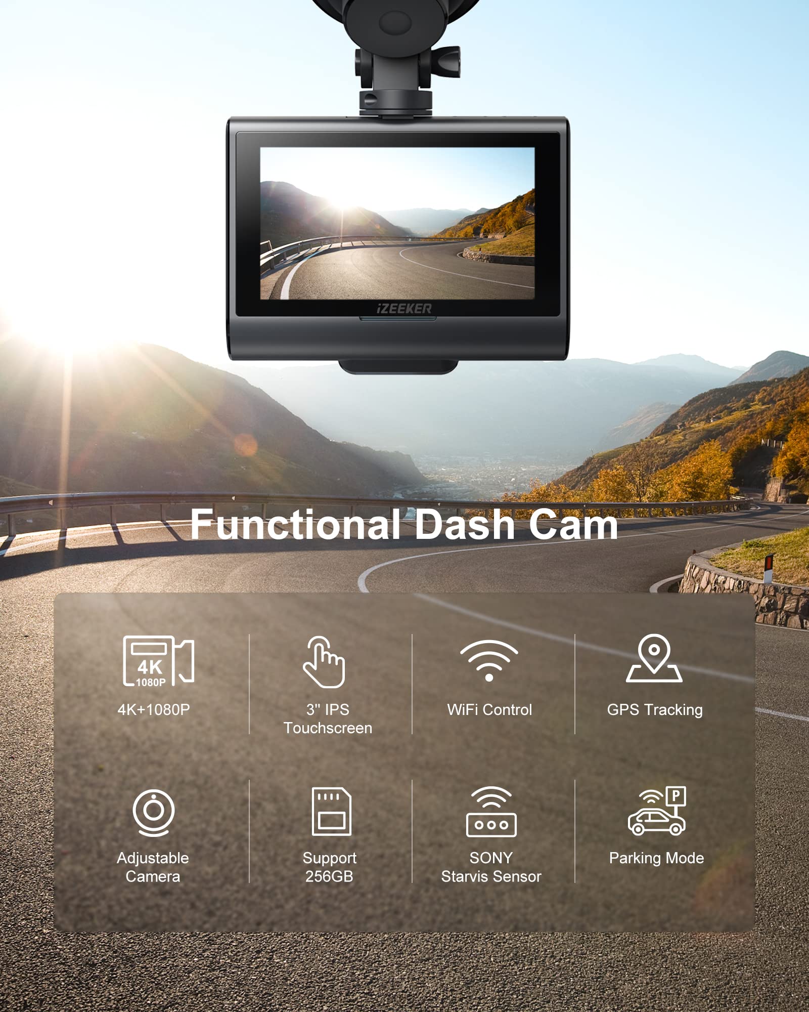 Izeeker GD850 4K Dual Dash Cam with Touchable Screen